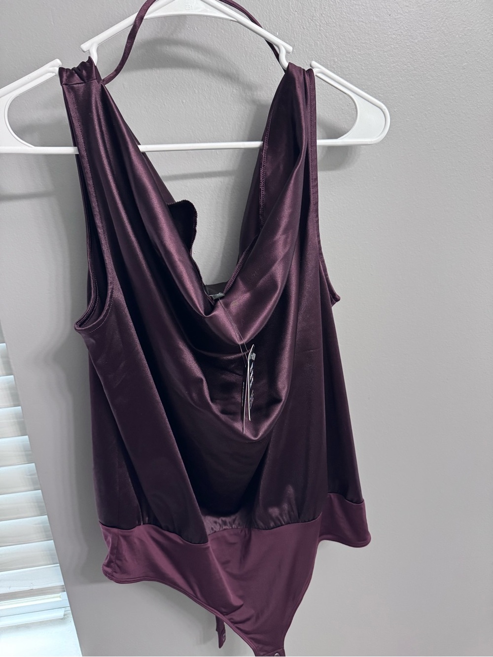 Express Satin Cowl Neck Bodysuit in Plum